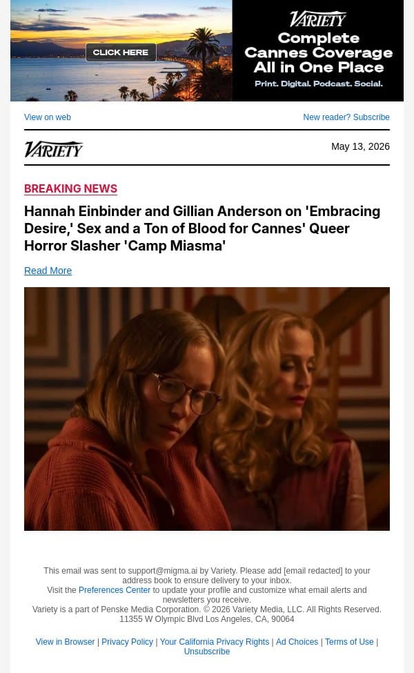 Hannah Einbinder and Gillian Anderson on 'Embracing Desire,' Sex and a Ton of Blood for Cannes' Queer Horror Slasher 'Camp Miasma' email from Variety screenshot