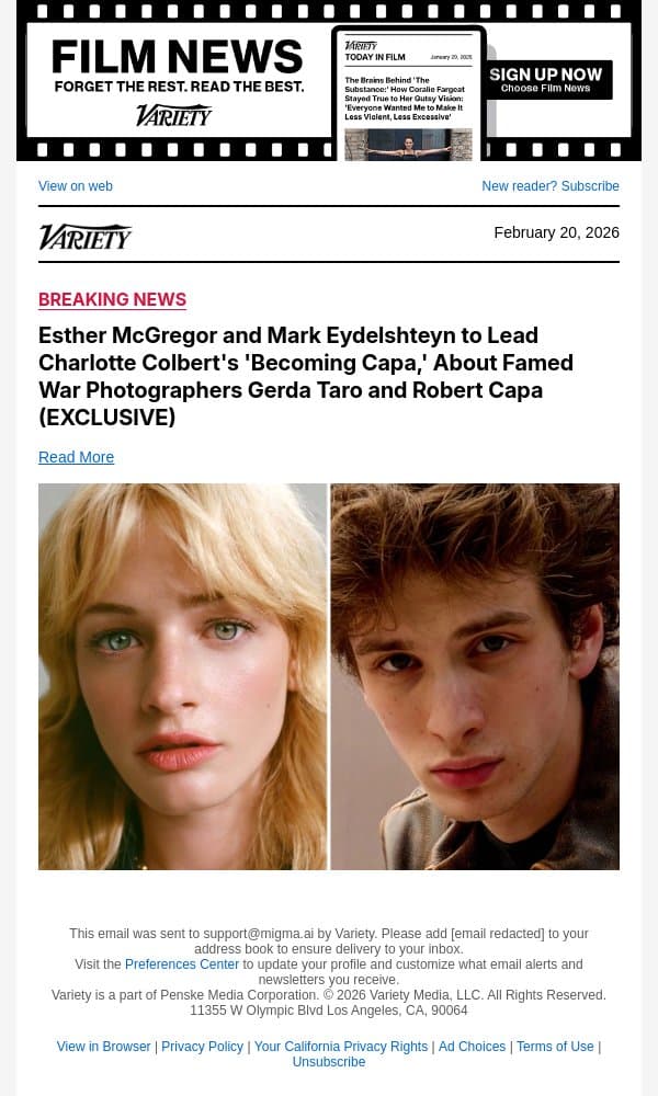 Esther McGregor and Mark Eydelshteyn to Lead Charlotte Colbert's 'Becoming Capa,' About Famed War Photographers Gerda Taro and Robert Capa (EXCLUSIVE) email from Variety screenshot