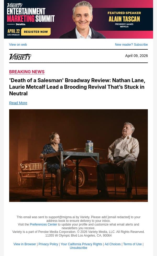 'Death of a Salesman' Broadway Review: Nathan Lane, Laurie Metcalf Lead a Brooding Revival That’s Stuck in Neutral email from Variety screenshot