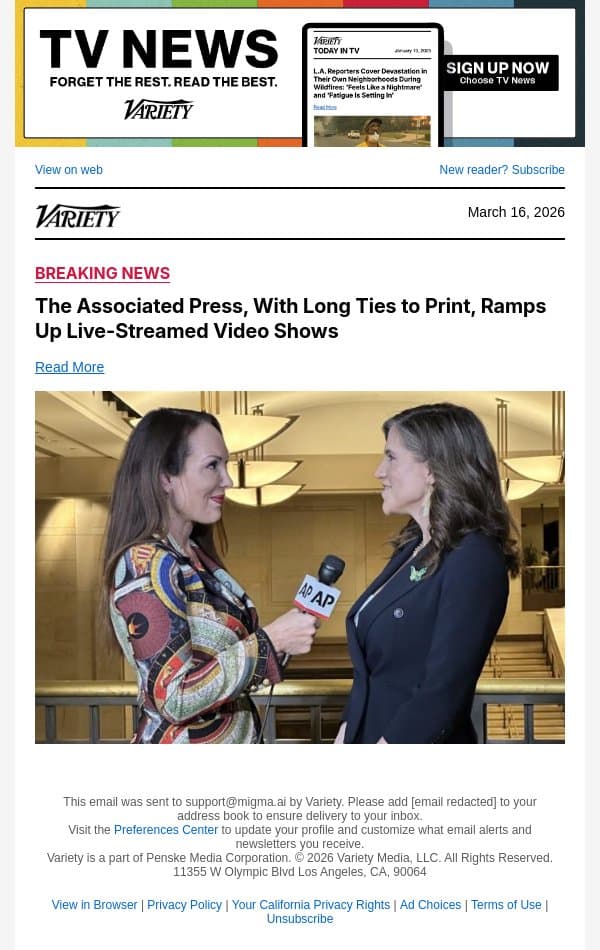 The Associated Press, With Long Ties to Print, Ramps Up Live-Streamed Video Shows email from Variety screenshot