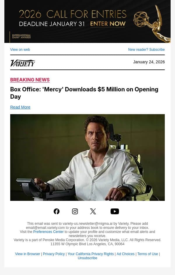 Box Office: 'Mercy' Downloads $5 Million on Opening Day email from Variety screenshot