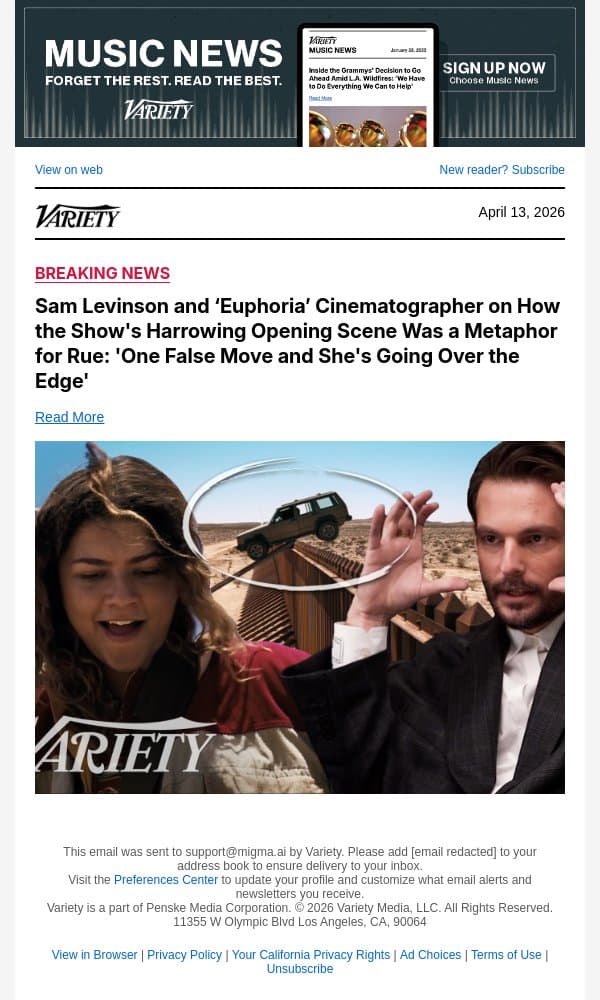Sam Levinson and ‘Euphoria’ Cinematographer on How the Show's Harrowing Opening Scene Was a Metaphor for Rue: 'One False Move and She's Going Over the Edge' email from Variety screenshot