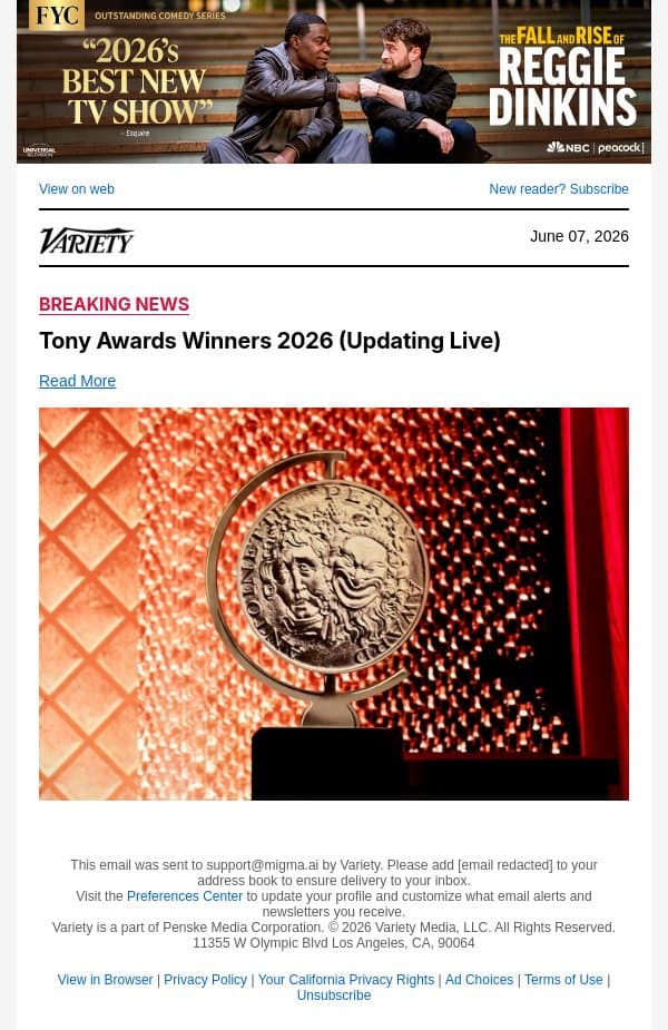 Tony Awards: 'Liberation' Wins Best Play email from Variety screenshot