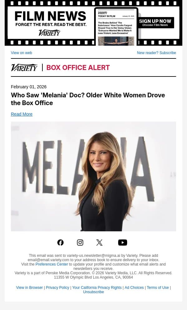 Who Saw 'Melania' Doc? Older White Women Drove the Box Office email from Variety screenshot