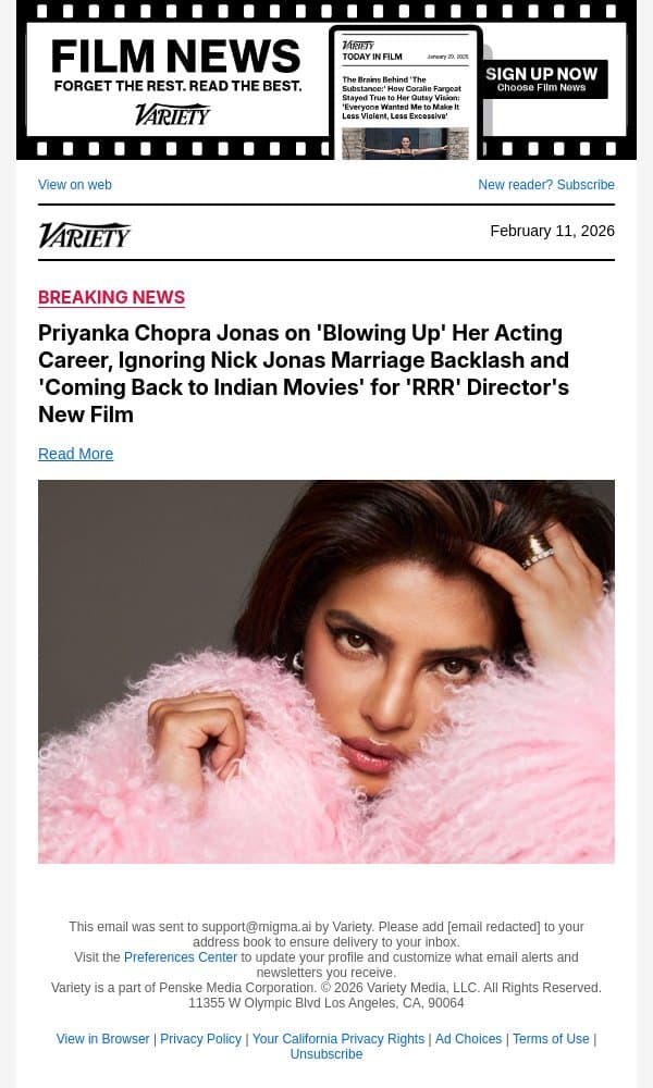 COVER | Priyanka Chopra Jonas on 'Blowing Up' Her Acting Career, Ignoring Nick Jonas Marriage Backlash and 'Coming Back to Indian Movies' for 'RRR' Director's New Film email from Variety screenshot