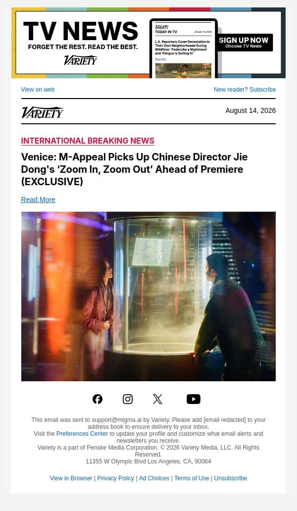 Venice: M-Appeal Picks Up Chinese Director Jie Dong's ‘Zoom In, Zoom Out’ Ahead of Premiere (EXCLUSIVE) email from Variety screenshot