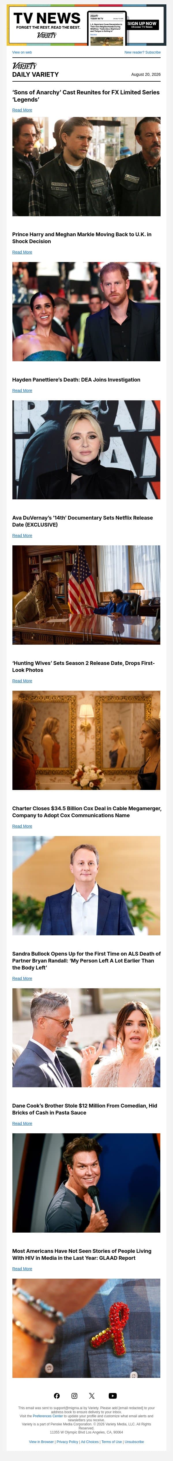 'Sons of Anarchy' Cast Reunites; Harry & Meghan Move Back to U.K.; DEA Joins Hayden Panettiere Investigation email from Variety screenshot