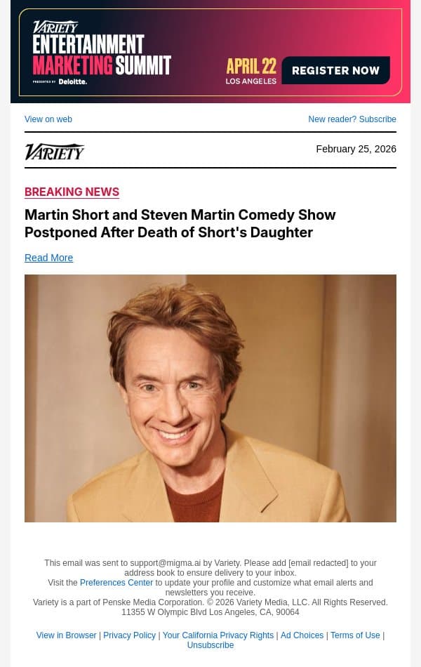 Martin Short and Steven Martin Comedy Show Postponed After Death of Short's Daughter email from Variety screenshot