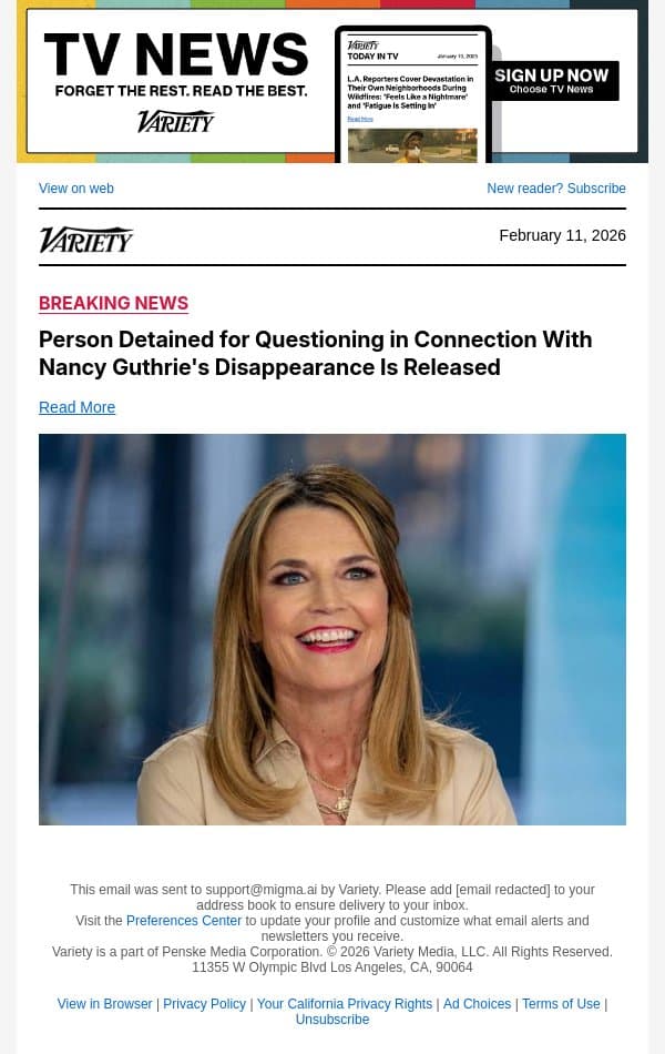 Person Detained for Questioning in Connection With Nancy Guthrie's Disappearance Is Released email from Variety screenshot
