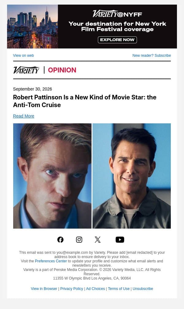 Robert Pattinson Is a New Kind of Movie Star: the Anti-Tom Cruise email from Variety screenshot