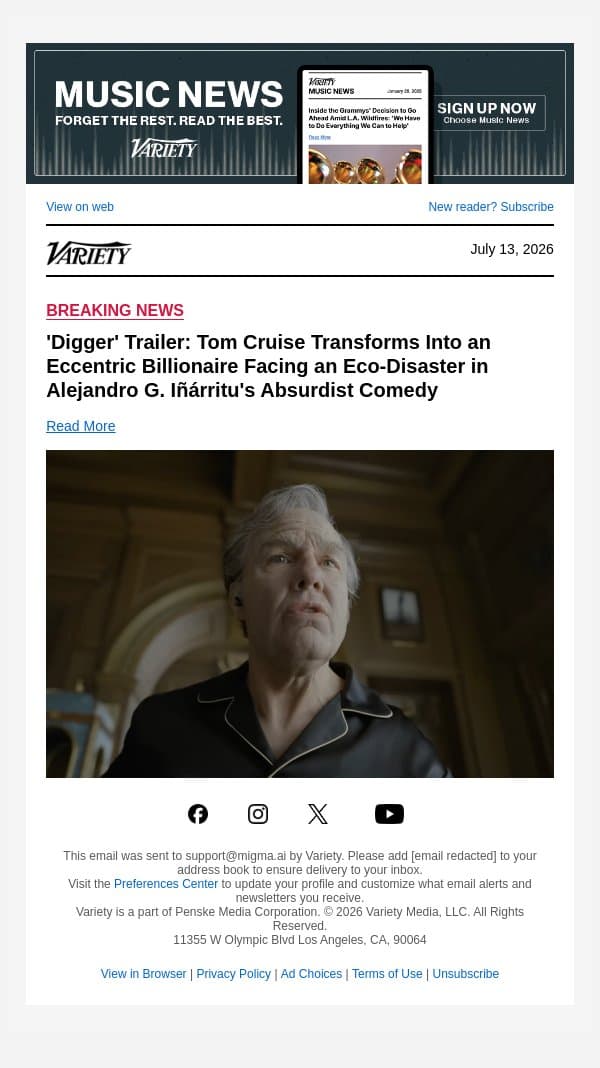 'Digger' Trailer: Tom Cruise Transforms Into an Eccentric Billionaire Facing an Eco-Disaster in Alejandro G. Iñárritu's Absurdist Comedy email from Variety screenshot