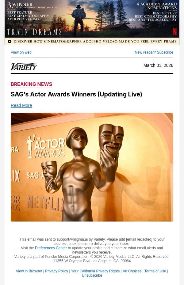Sean Penn Wins Actor Award for Supporting Actor email from Variety screenshot