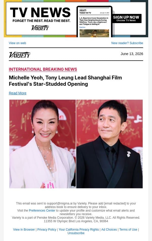 Michelle Yeoh, Tony Leung Lead Shanghai Film Festival's Star-Studded Opening email from Variety screenshot