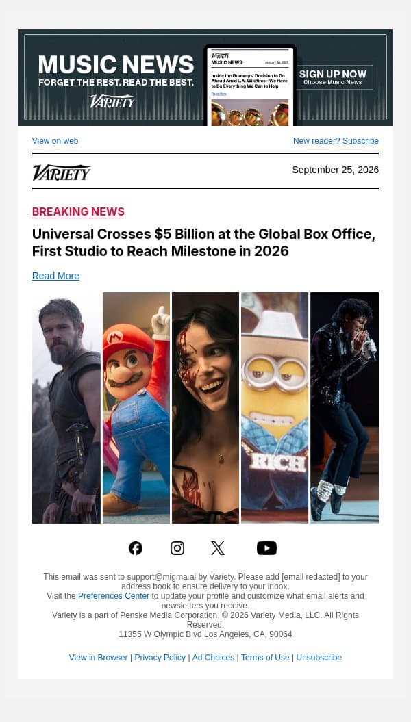 Universal Crosses $5 Billion at the Global Box Office, First Studio to Reach Milestone in 2026 email from Variety screenshot