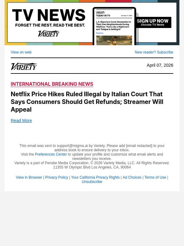 Netflix Price Hikes Ruled Illegal by Italian Court That Says Consumers Should Get Refunds; Streamer Will Appeal email from Variety screenshot