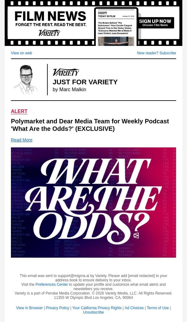 Polymarket and Dear Media Team for Weekly Podcast 'What Are the Odds?' (EXCLUSIVE) email from Variety screenshot
