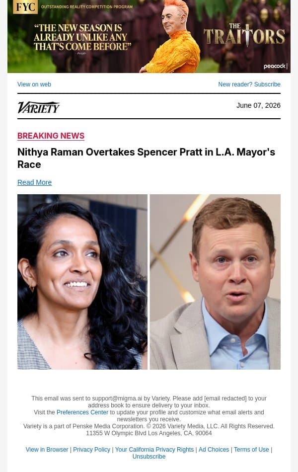 Nithya Raman Overtakes Spencer Pratt in L.A. Mayor's Race email from Variety screenshot