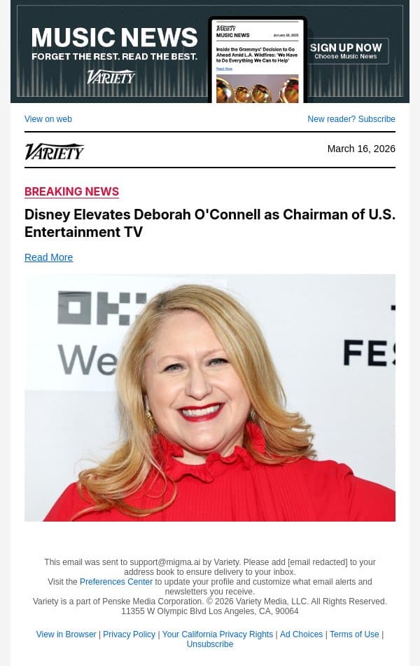 Disney Elevates Deborah O'Connell as Chairman of U.S. Entertainment TV email from Variety screenshot
