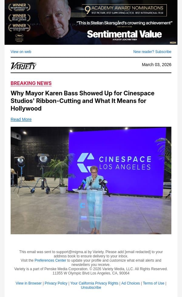 Why Mayor Karen Bass Showed Up for Cinespace Studios' Ribbon-Cutting and What It Means for Hollywood email from Variety screenshot