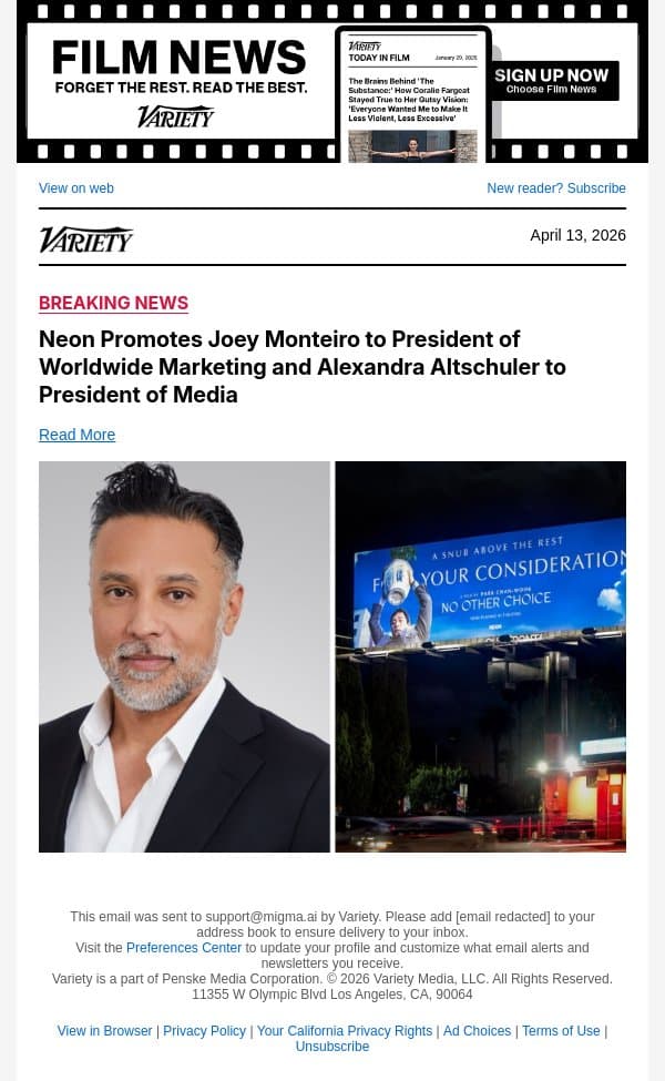 Neon Promotes Joey Monteiro to President of Worldwide Marketing and Alexandra Altschuler to President of Media email from Variety screenshot