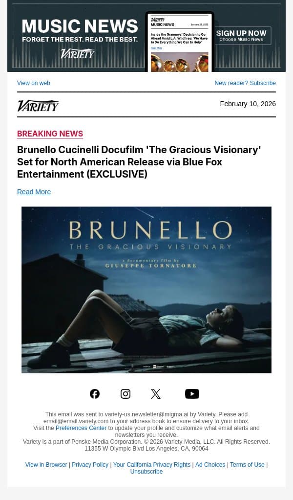 Brunello Cucinelli Docufilm 'The Gracious Visionary' Set for North American Release via Blue Fox Entertainment (EXCLUSIVE) email from Variety screenshot