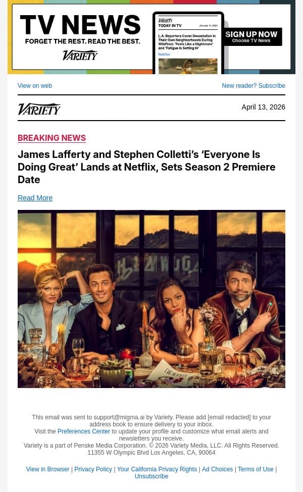 James Lafferty and Stephen Colletti’s ‘Everyone Is Doing Great’ Lands at Netflix, Sets Season 2 Premiere Date email from Variety screenshot