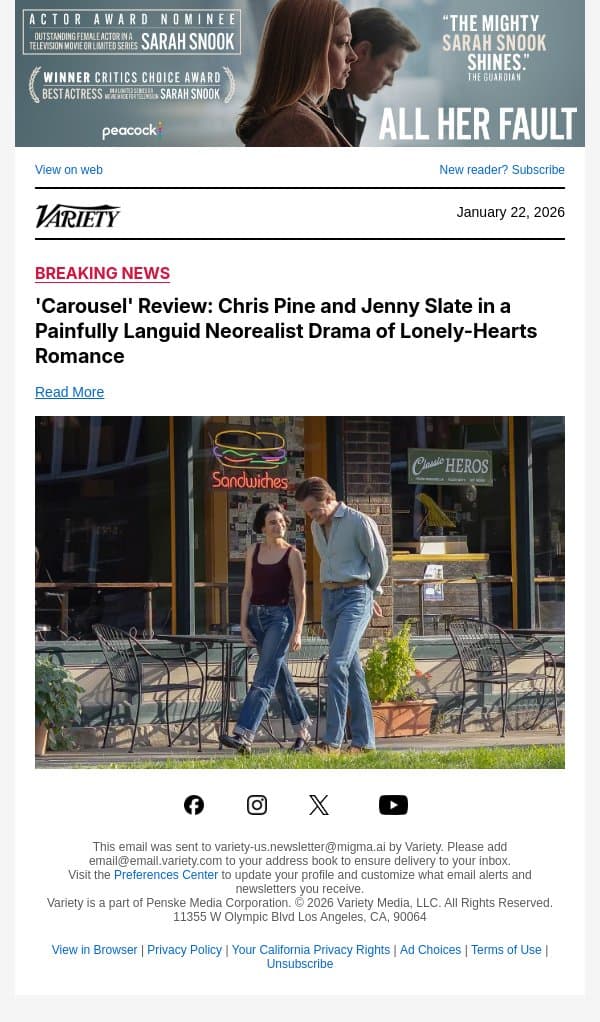 'Carousel' Review: Chris Pine and Jenny Slate in a Painfully Languid Neorealist Drama of Lonely-Hearts Romance email from Variety screenshot