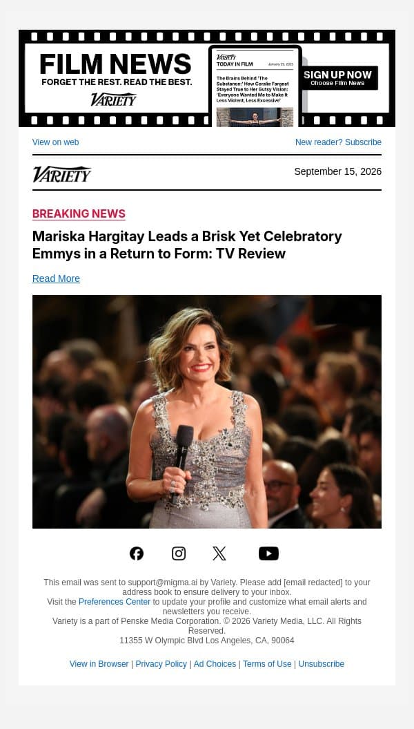Mariska Hargitay Leads a Brisk Yet Celebratory Emmys in a Return to Form: TV Review email from Variety screenshot