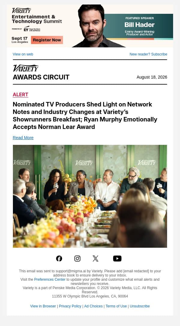 Nominated TV Producers Shed Light on Network Notes and Industry Changes at Variety’s Showrunners Breakfast; Ryan Murphy Emotionally Accepts Norman Lear Award email from Variety screenshot
