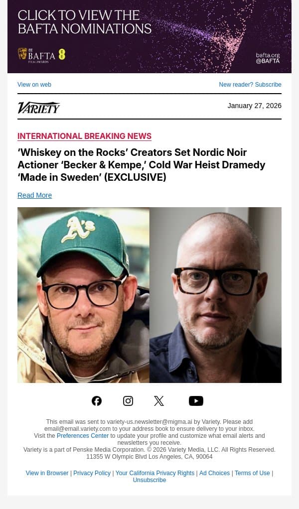‘Whiskey on the Rocks’ Creators Set Nordic Noir Actioner ‘Becker and Kempe,’ Cold War Heist Dramedy ‘Made in Sweden’ (EXCLUSIVE) email from Variety screenshot