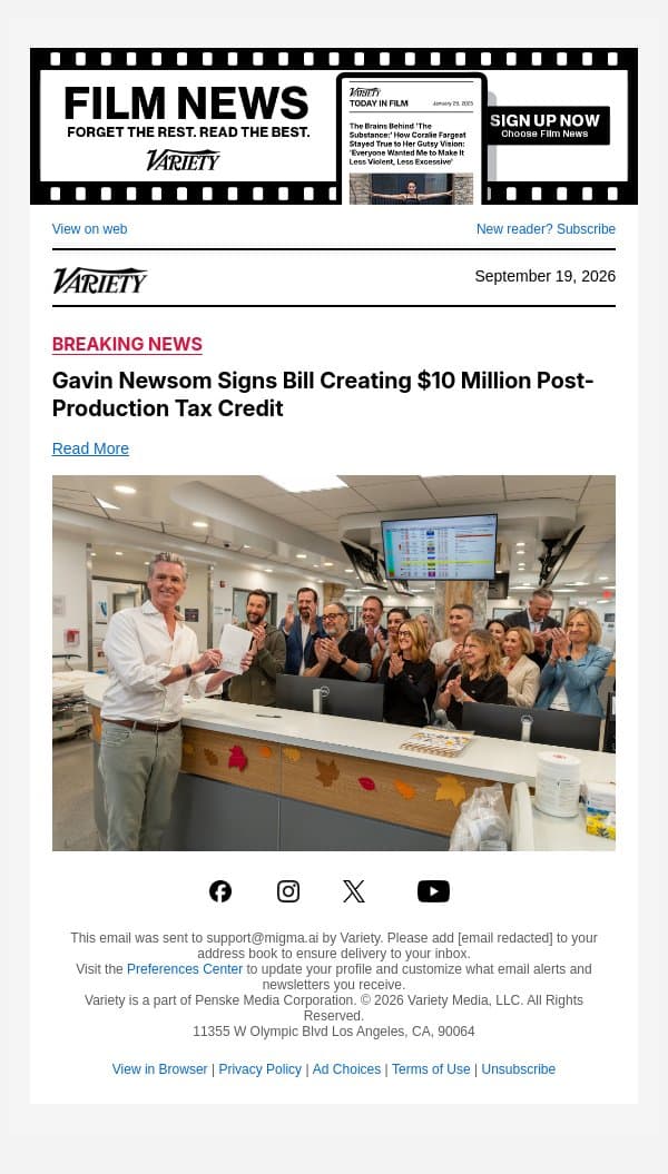 Gavin Newsom Signs Bill Creating $10 Million Post-Production Tax Credit email from Variety screenshot