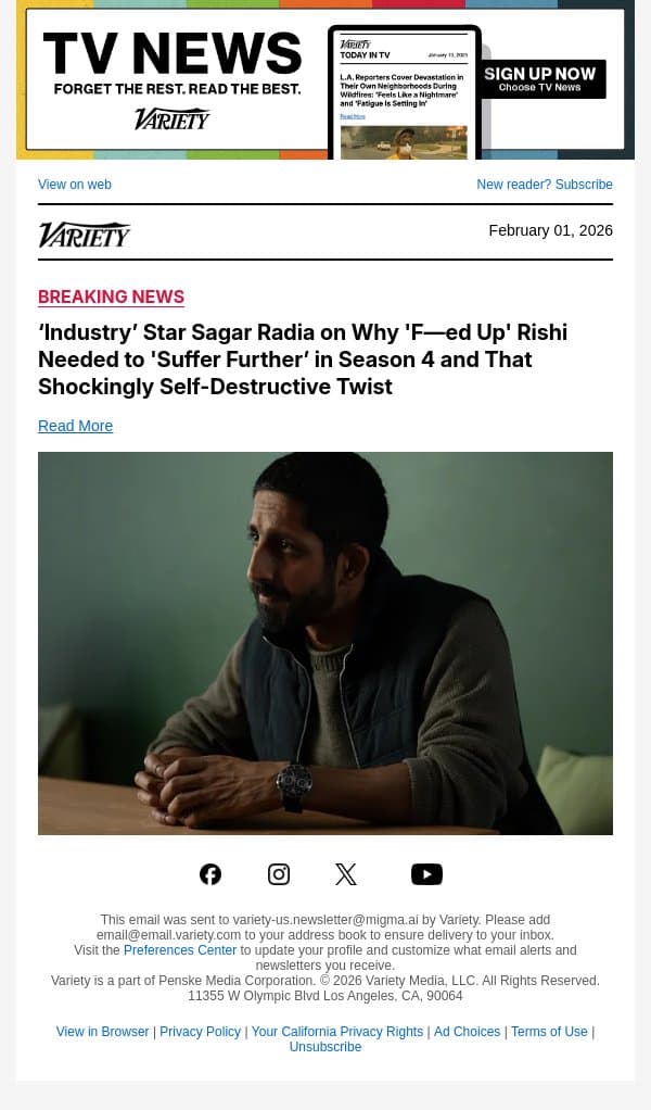 ‘Industry’ Star Sagar Radia on Why 'F—ed Up' Rishi Needed to 'Suffer Further’ in Season 4 and That Shockingly Self-Destructive Twist email from Variety screenshot