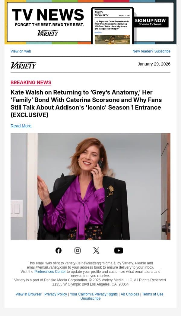 Kate Walsh on Returning to ‘Grey’s Anatomy,' Her ‘Family’ Bond With Caterina Scorsone and Why Fans Still Talk About Addison's 'Iconic' Season 1 Entrance (EXCLUSIVE) email from Variety screenshot