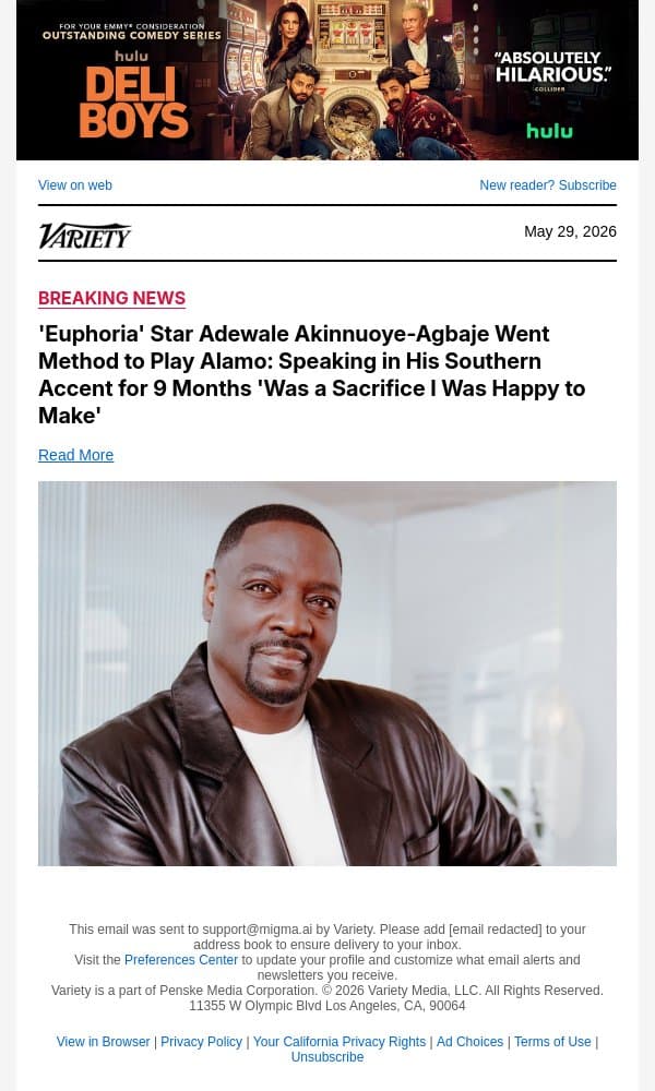 'Euphoria' Star Adewale Akinnuoye-Agbaje Went Method to Play Alamo: Speaking in His Southern Accent for 9 Months 'Was a Sacrifice I Was Happy to Make' email from Variety screenshot
