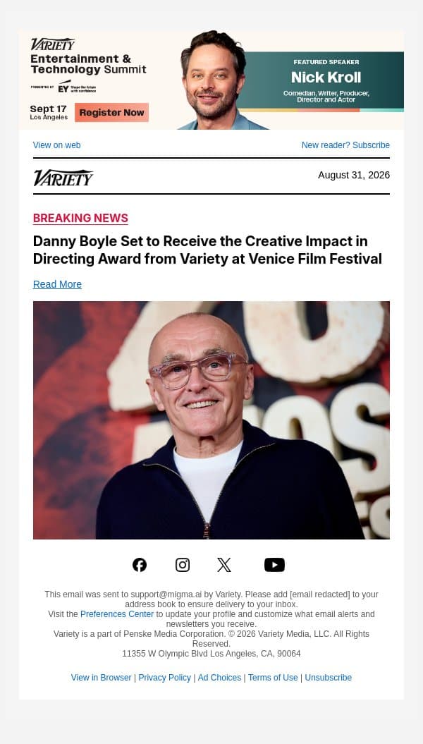 Danny Boyle Set to Receive the Creative Impact in Directing Award from Variety at Venice Film Festival email from Variety screenshot