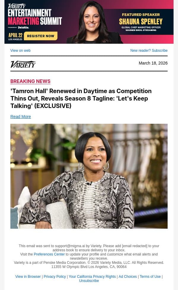 'Tamron Hall' Renewed in Daytime as Competition Thins Out, Reveals Season 8 Tagline: 'Let's Keep Talking' (EXCLUSIVE) email from Variety screenshot
