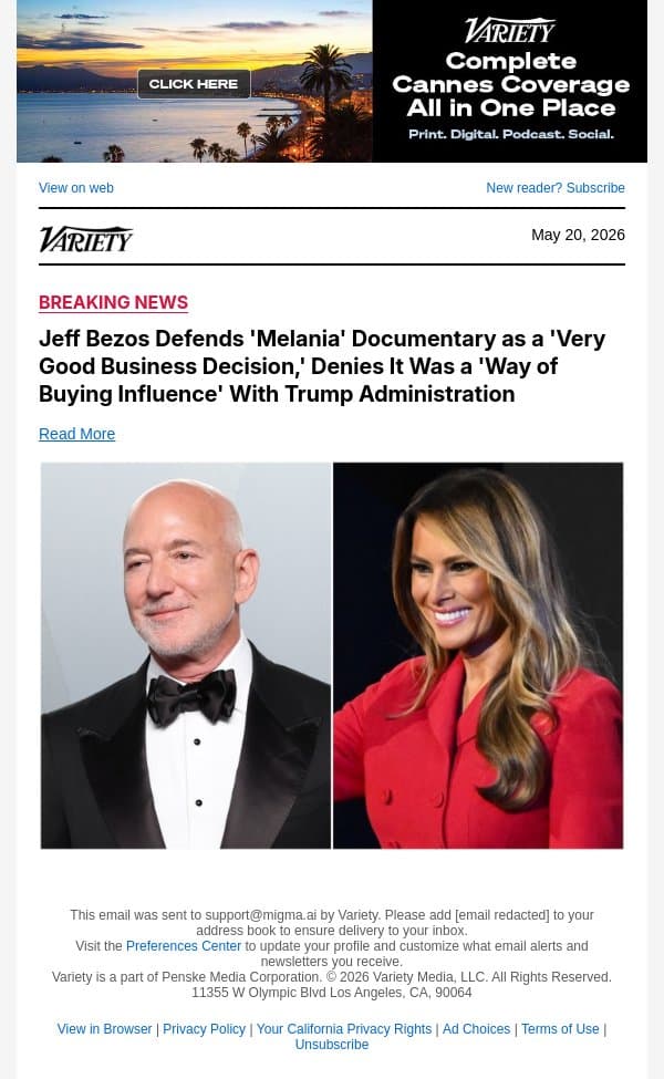 Jeff Bezos Defends 'Melania' Documentary as a 'Very Good Business Decision,' Denies It Was a 'Way of Buying Influence' With Trump Administration email from Variety screenshot