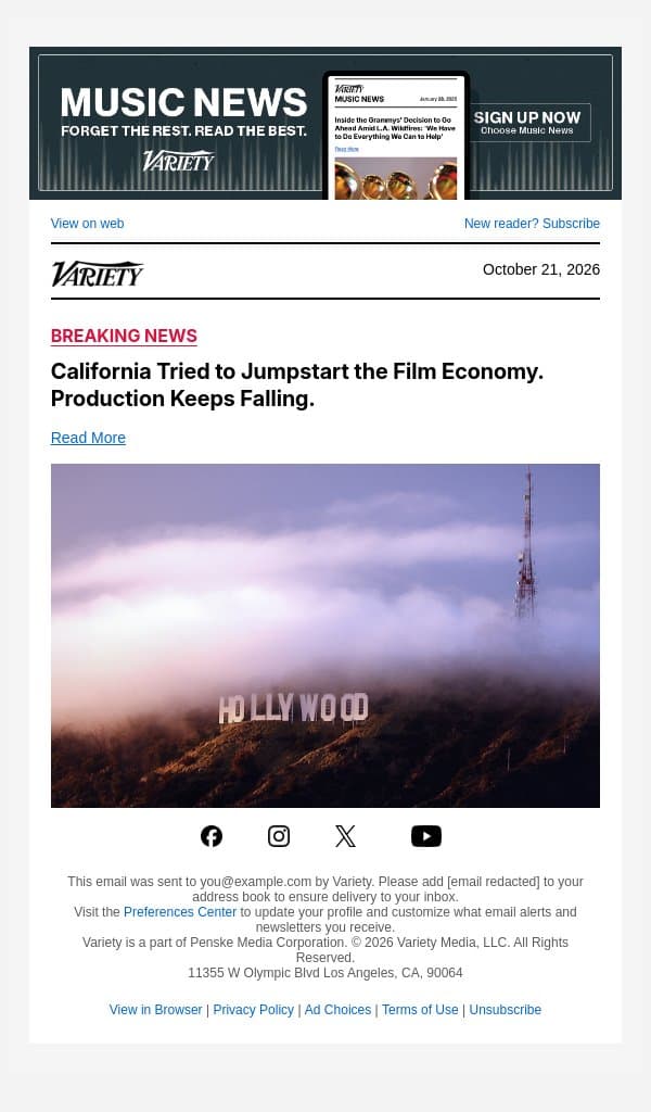 California Tried to Jumpstart the Film Economy. Production Keeps Falling. email from Variety screenshot