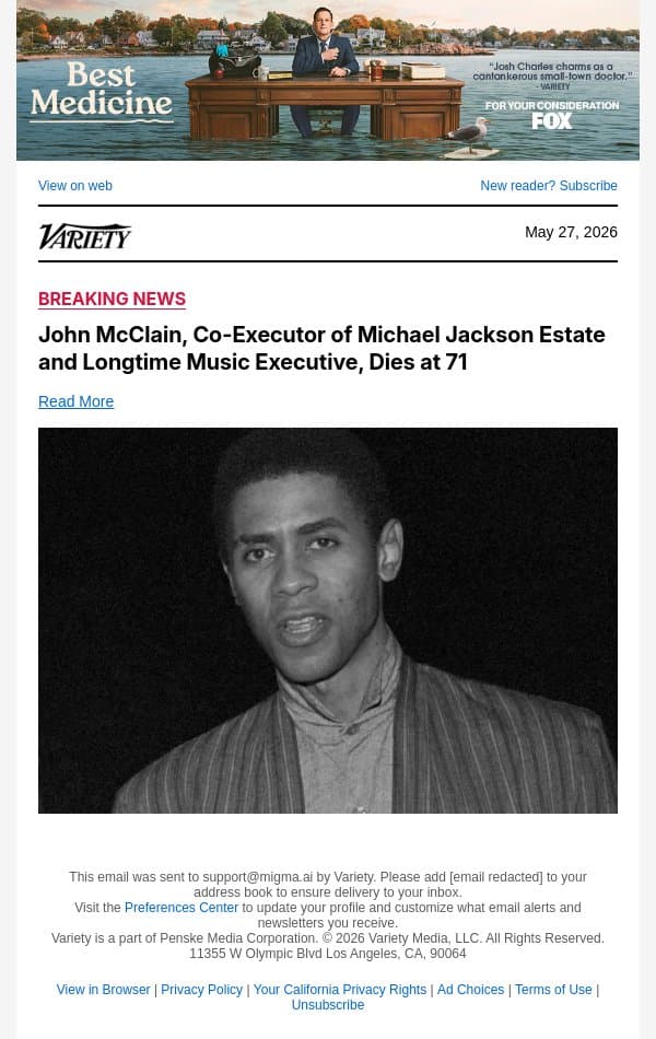 John McClain, Co-Executor of Michael Jackson Estate and Longtime Music Executive, Dies at 71 email from Variety screenshot