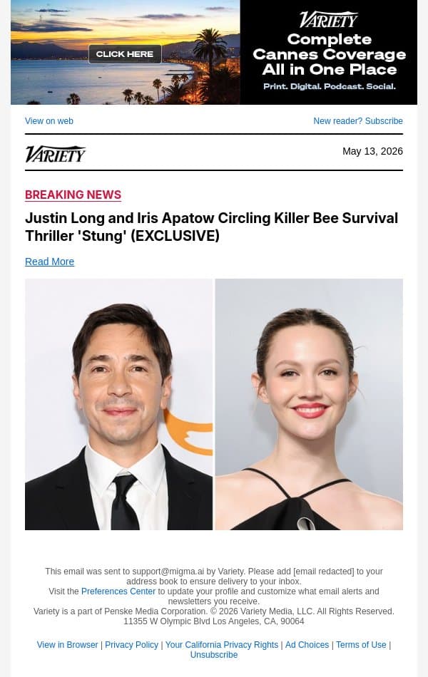 Justin Long and Iris Apatow Circling Killer Bee Survival Thriller 'Stung' (EXCLUSIVE) email from Variety screenshot