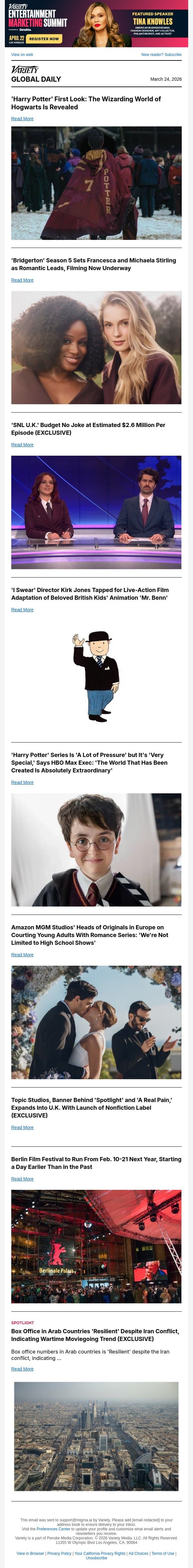 'Harry Potter' First Look; 'Bridgerton' Season 5 Leads; 'SNL U.K.' Budget Revealed email from Variety screenshot