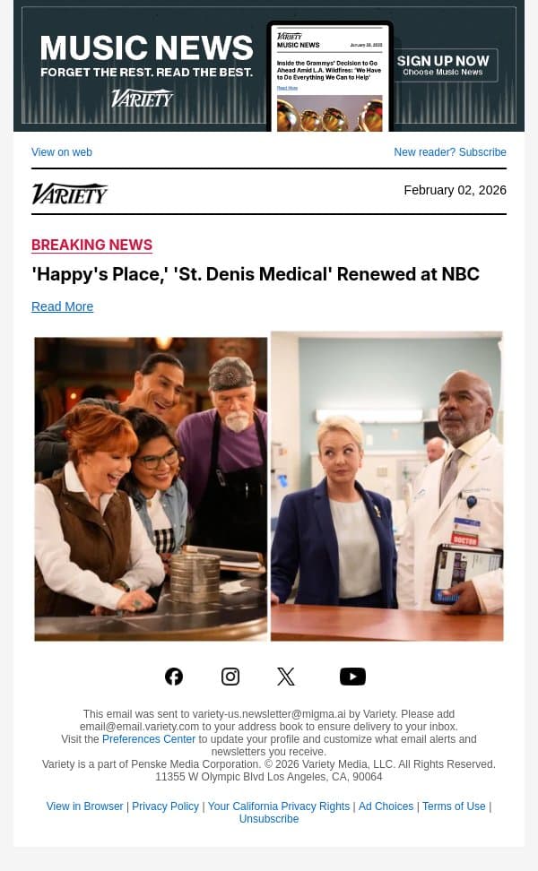 'Happy's Place,' 'St. Denis Medical' Renewed at NBC email from Variety screenshot