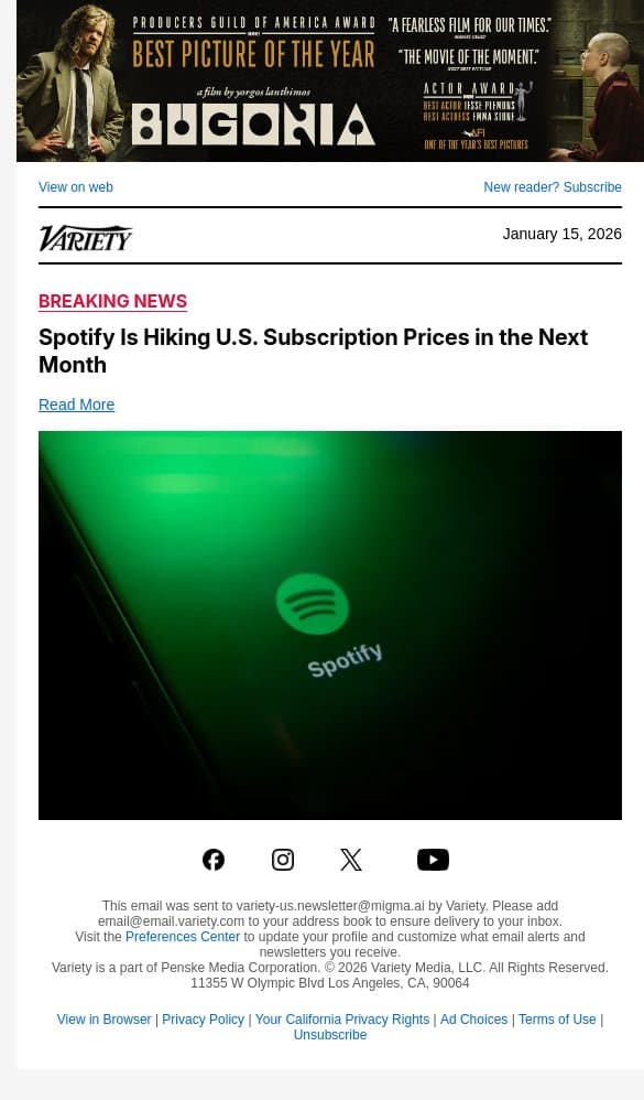 Spotify Is Hiking U.S. Subscription Prices in the Next Month email from Variety screenshot