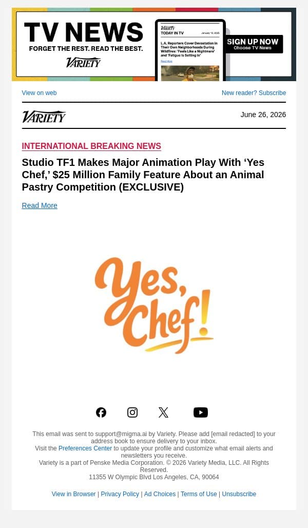 Studio TF1 Makes Major Animation Play With ‘Yes Chef,’ $25 Million Family Feature About an Animal Pastry Competition (EXCLUSIVE) email from Variety screenshot