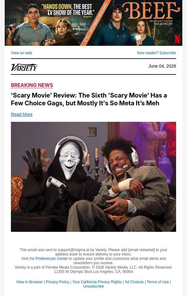'Scary Movie' Review: The Sixth 'Scary Movie' Has a Few Choice Gags, but Mostly It's So Meta It’s Meh email from Variety screenshot