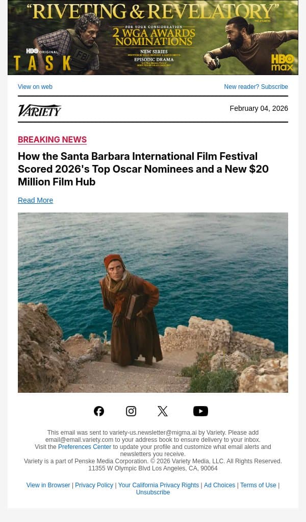 How the Santa Barbara International Film Festival Scored 2026's Top Oscar Nominees and a New $20 Million Film Hub email from Variety screenshot