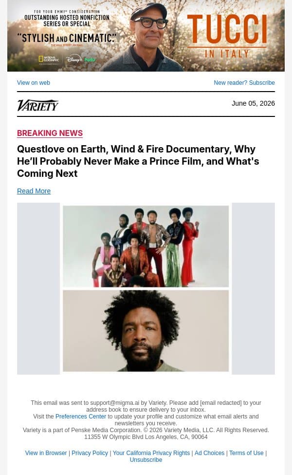 Questlove on Earth, Wind and Fire Documentary, Why He’ll Probably Never Make a Prince Film, and What's Coming Next email from Variety screenshot