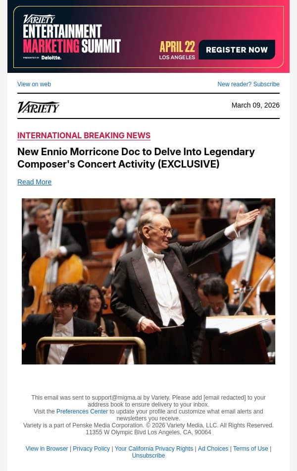 New Ennio Morricone Doc to Delve Into Legendary Composer's Concert Activity (EXCLUSIVE) email from Variety screenshot