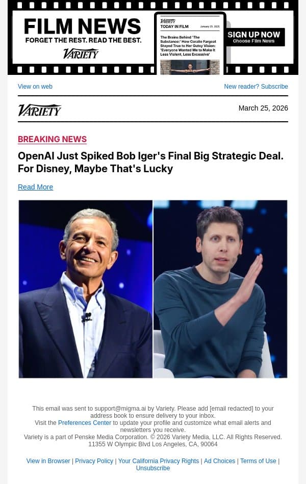 OpenAI Just Spiked Bob Iger's Final Big Strategic Deal. For Disney, Maybe That's Lucky email from Variety screenshot
