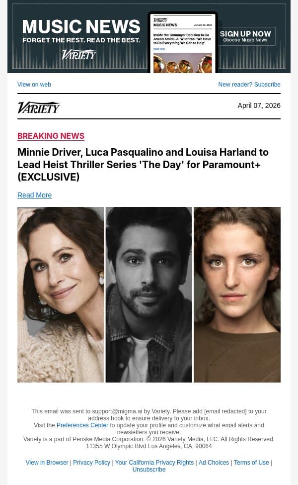 Minnie Driver, Luca Pasqualino and Louisa Harland to Lead Heist Thriller Series 'The Day' for Paramount+ (EXCLUSIVE) email from Variety screenshot